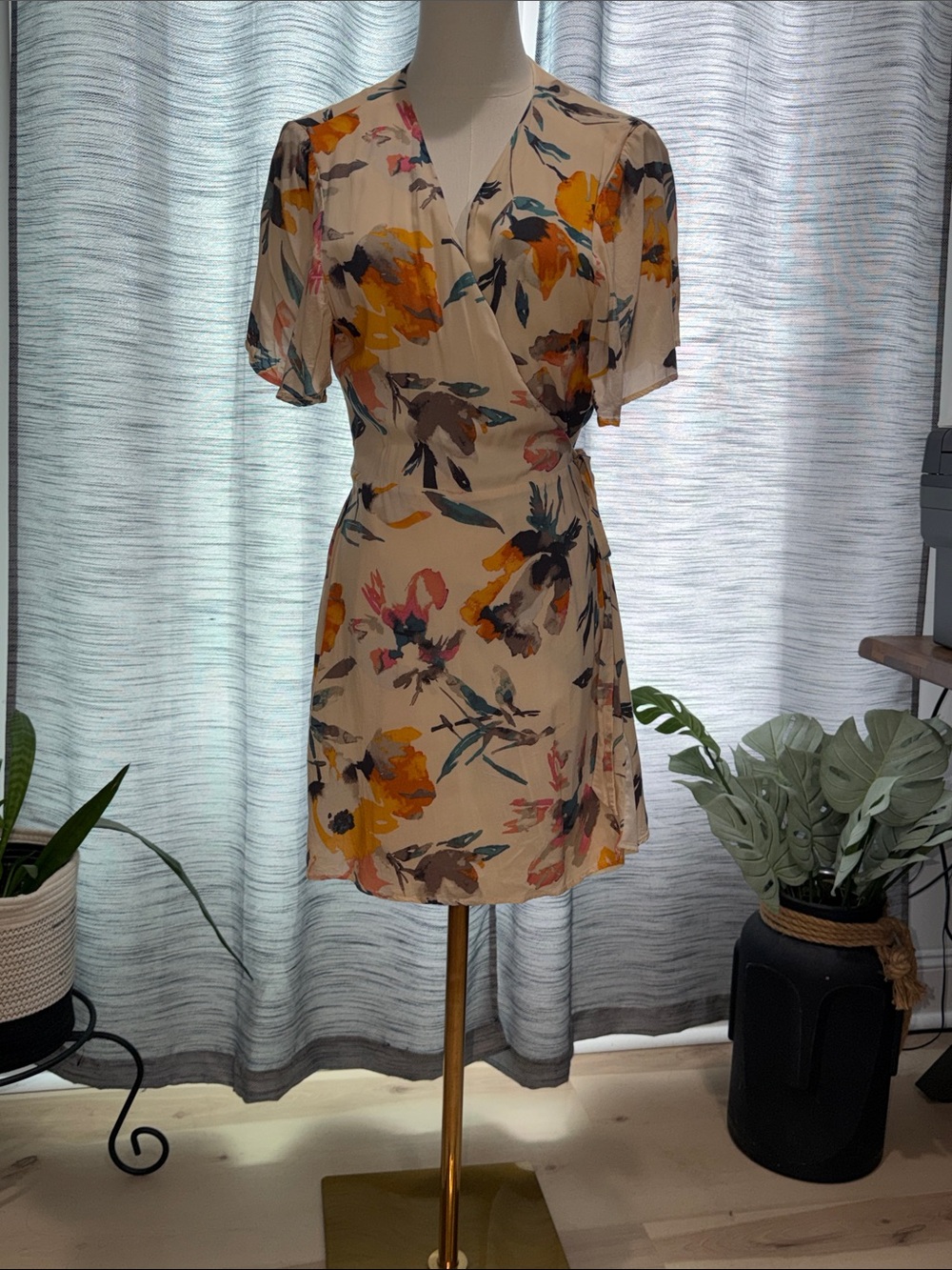 BCBGeneration Cream Floral Wrap Mini Dress with Yellow & Pink Accents